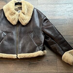 Zara Brown Leather Jacket with Cream Faux Fur Trim